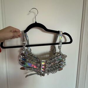 Creepyyeha style buckled holographic bondage bikini top